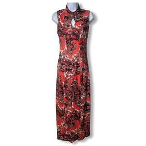 Vintage Women’s Red Paisley Qipao Cheongsam Maxi Dress High Slit 60s 70s - Sz 7